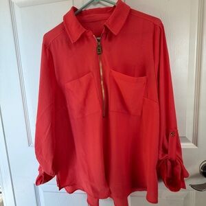 Michael Kors Zip Front Blouse – Women’s Size XL – Coral/Red – Gold Zipper Accent